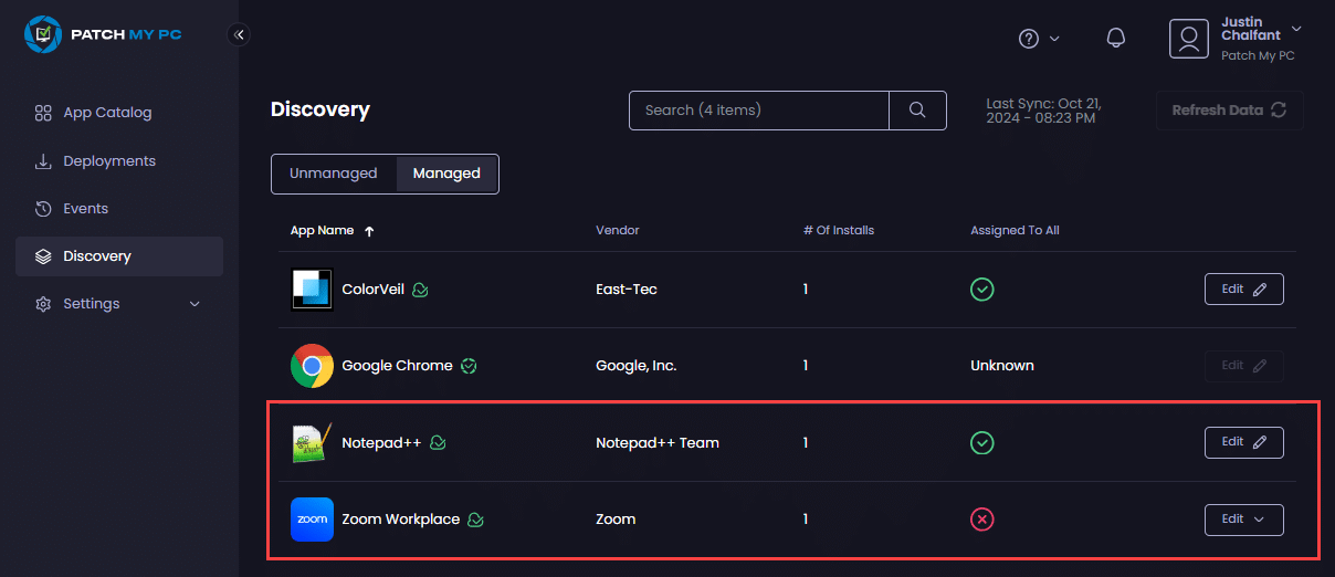 How an app only deployed through PMPC Cloud appears in the "Managed" tab