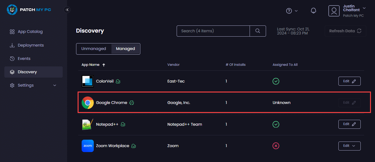 How an app only deployed through Publisher appears in the "Managed" tab