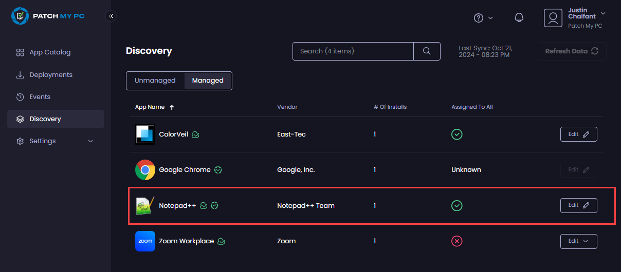 How an app deployed through both PMPC Cloud and Publisher appears in the "Managed" tab