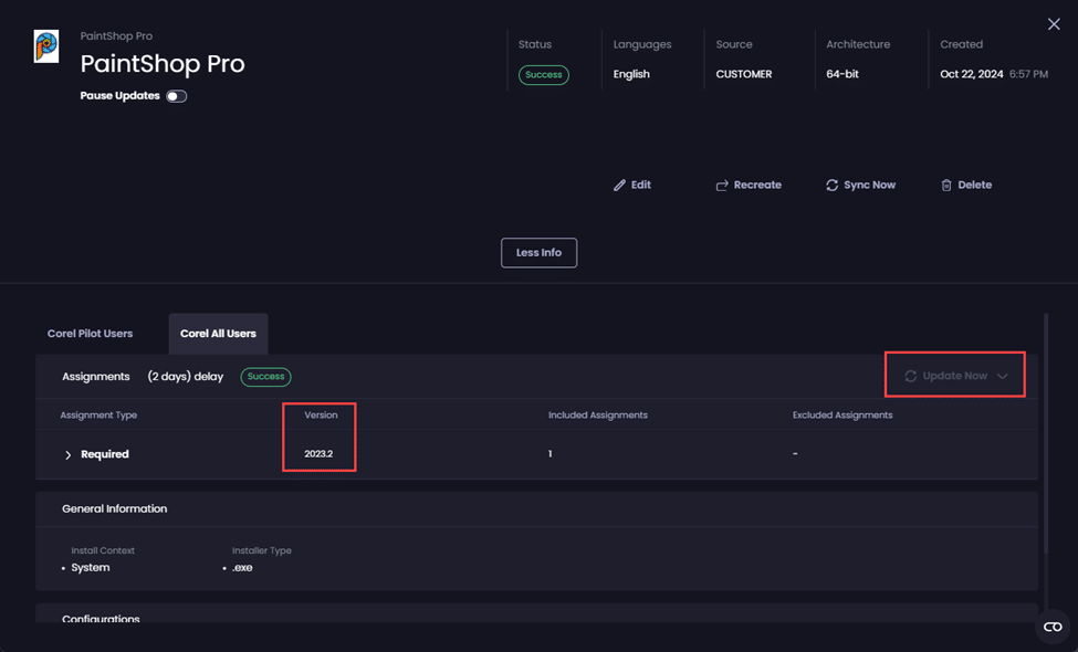 Version number has changed and "Update Now" button is unavailable.