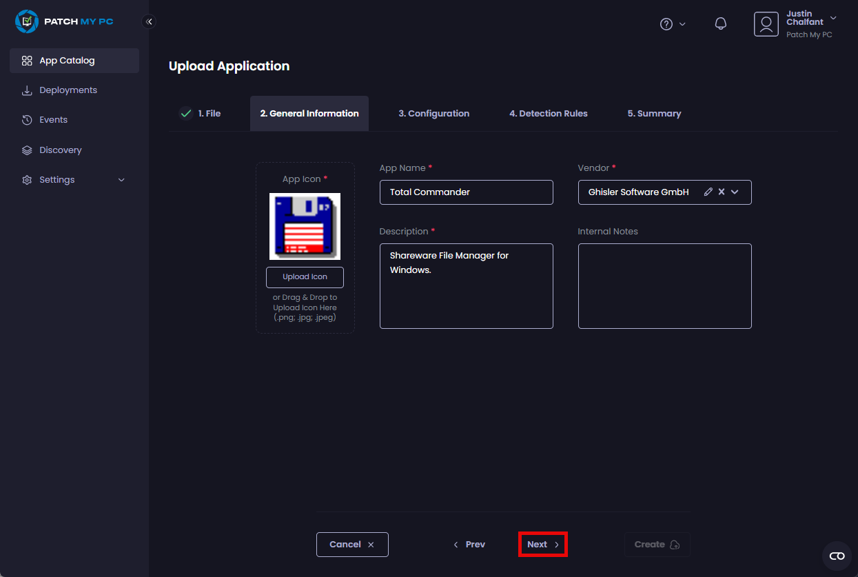 Clicking "Next" to move to the "Configuration" page