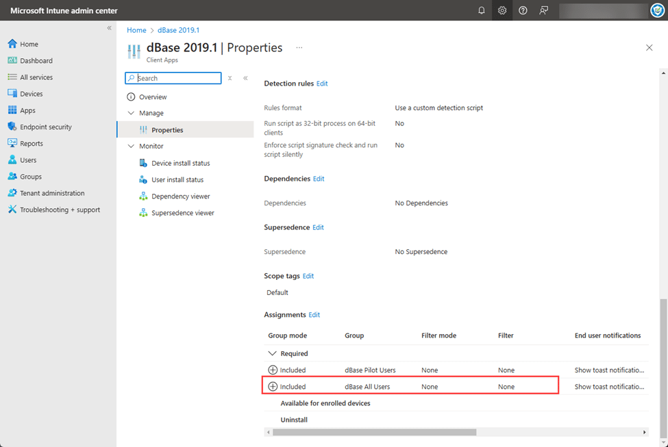 Second Update Ring has been created, which has added the assignment to the "dBase All Users" group.
