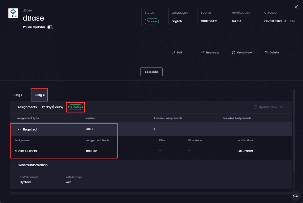 Properties of the deployment showing the second Update Ring has been created and assigned to the "dBase All Users" group.