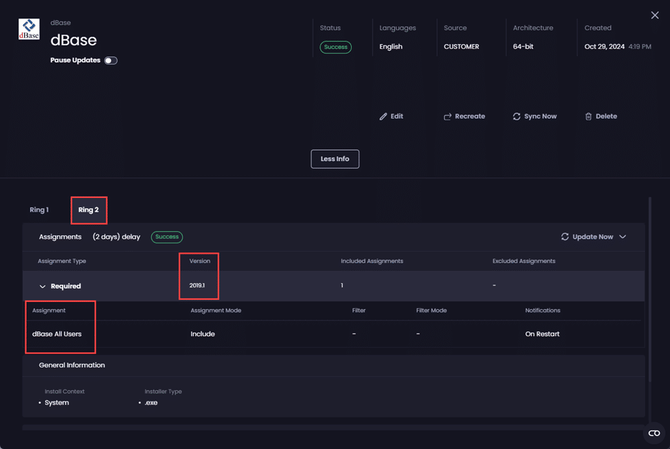 "Ring 2" is still assigned version 2019.1 and assigned to the "dBase All Users" group