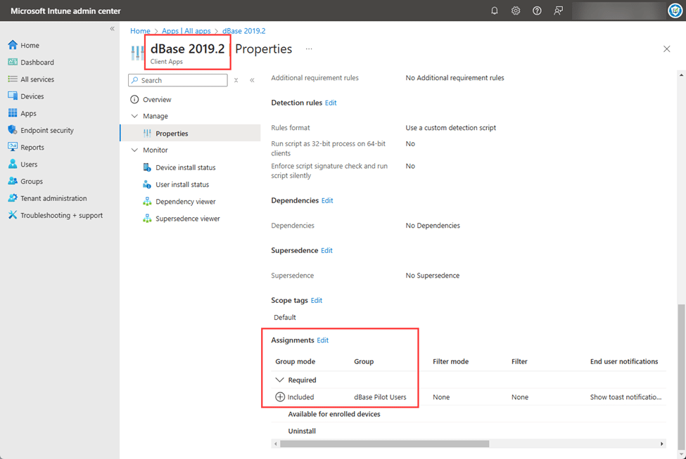 Assignments for the new deployment (version 2019.2) is only assigned for now to the dBase Pilot Users group.
