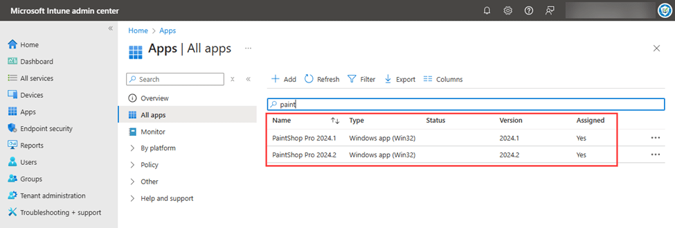 Intune admin center shows both the existing app (version 2024.1) and the new version we have just deployed (version 2024.2).