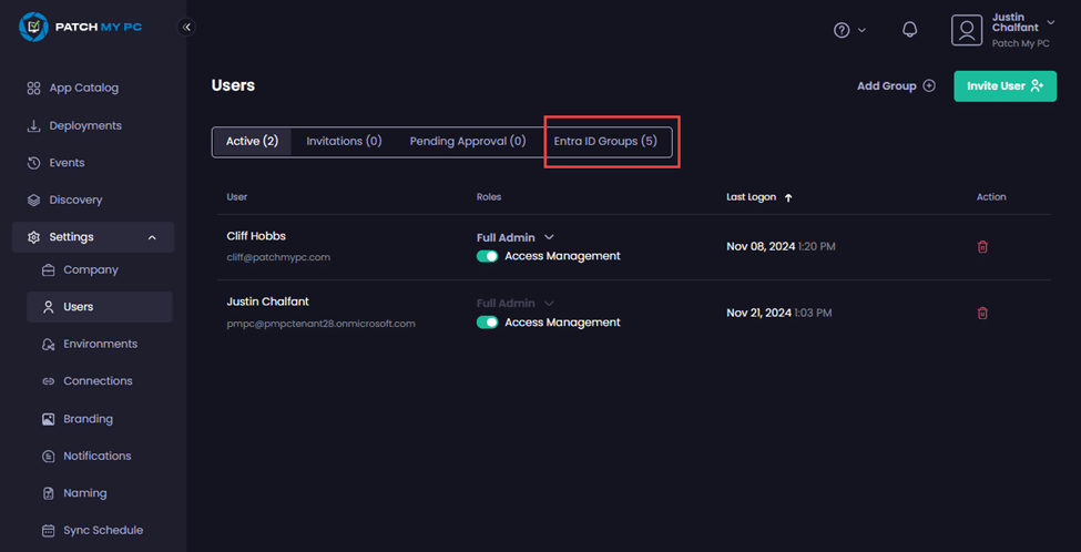 Clicking the "Entra ID Groups" tab