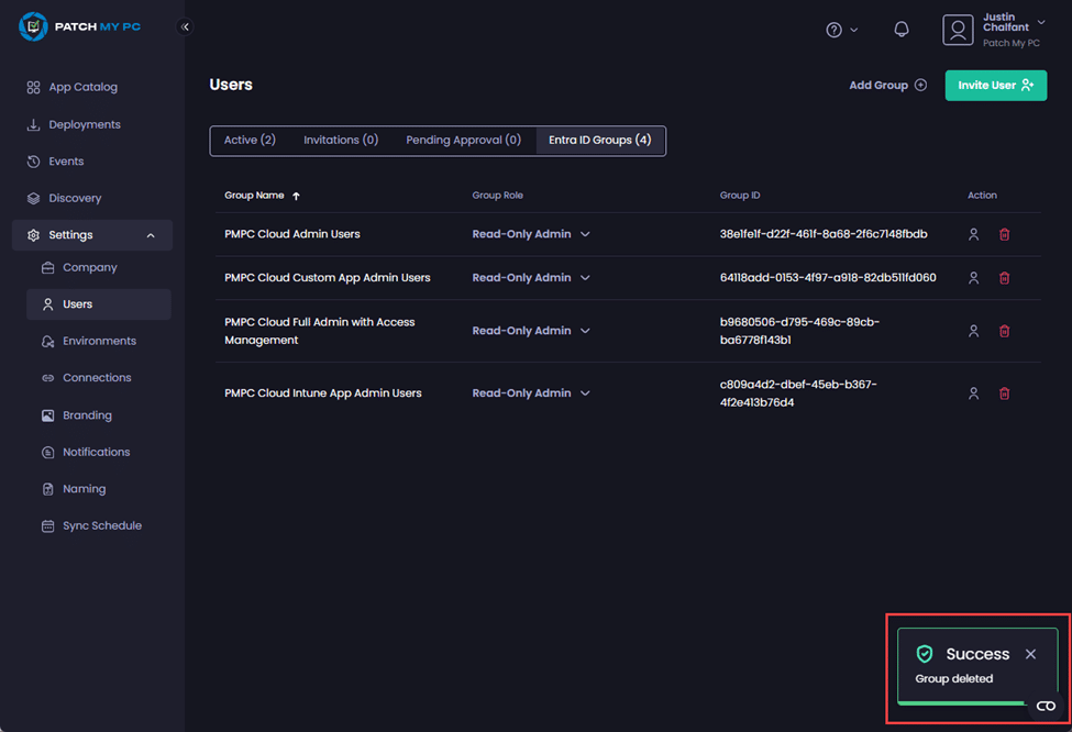 Portal auto-refreshing to show the group has been removed and the "Success – Group deleted" notification is shown
