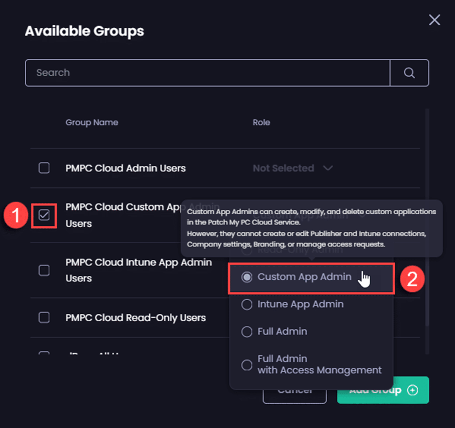 Selecting the relevant Entra ID group to add and which role it will be assigned in PMPC Cloud