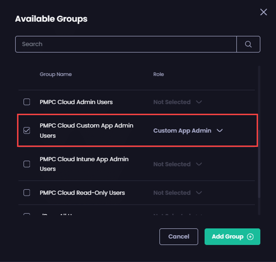 Selected Entra ID Security Group and role you've assigned it in your portal is shown