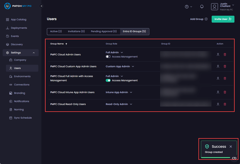 Portal auto-refreshes, showing the selected groups have been added and the "Success – Group created" notification is shown