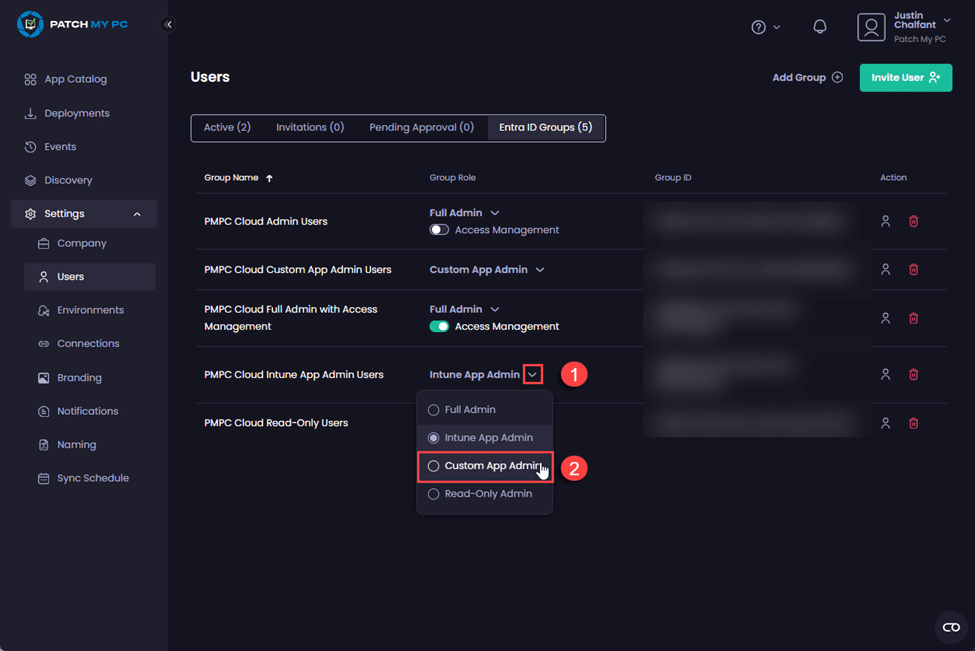 Clicking the dropdown arrow in the "Group Role" column beside the group whose role you want to modify and selecting the new role