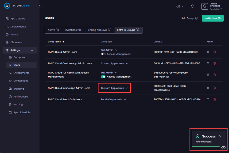 Portal auto-refreshing to show the new role assigned to the group and the "Success – Role changed" notification is shown