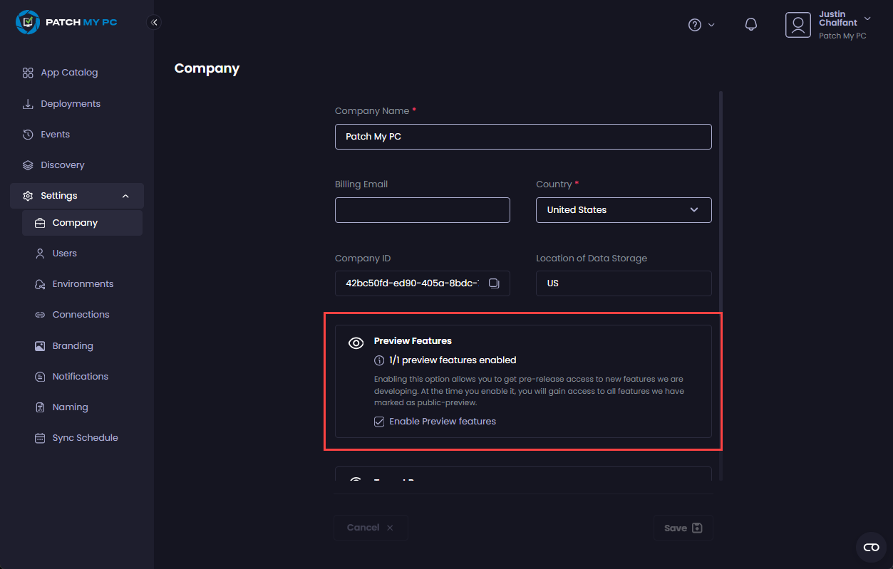 Checking the "Enable Preview features" checkbox.