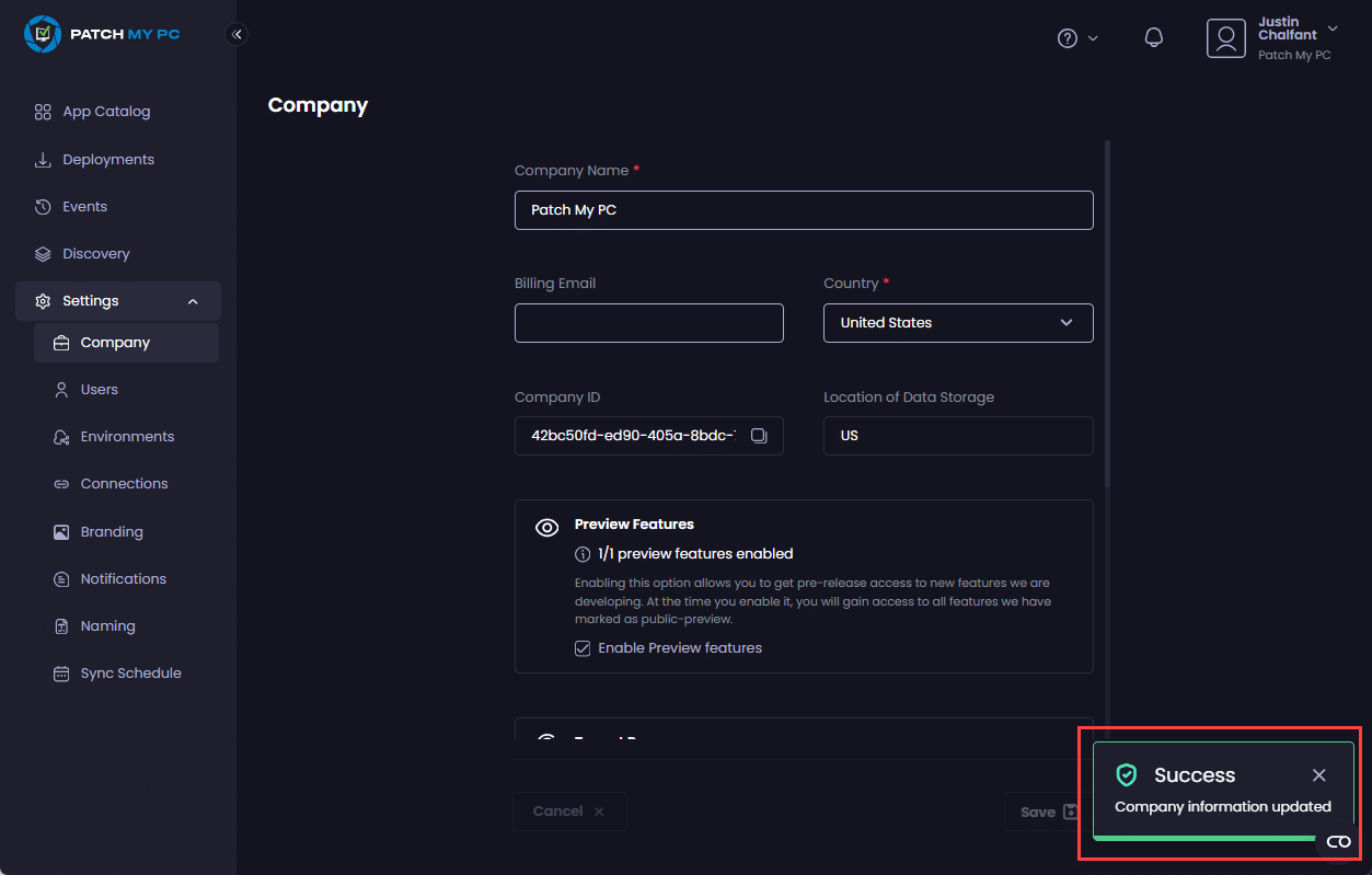 "Success - Company information updated" notification