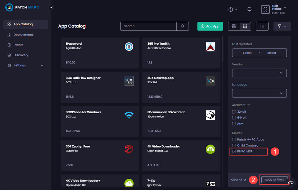 Selecting the checkbox for the relevant company that created the Custom App and clicking "Apply All Filters