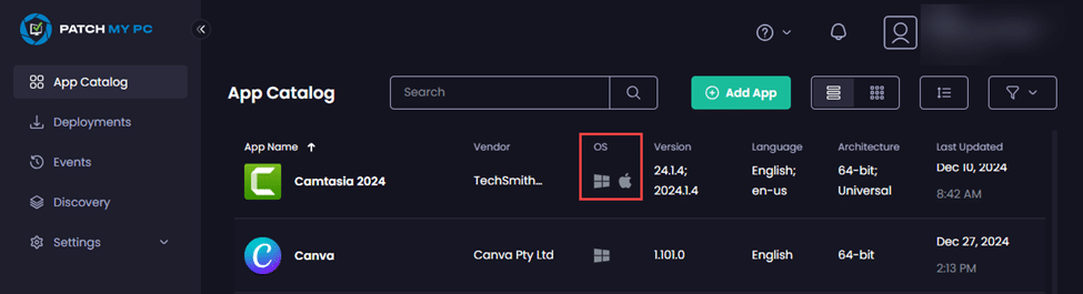 New "OS" column shows which operating systems each app can be deployed to