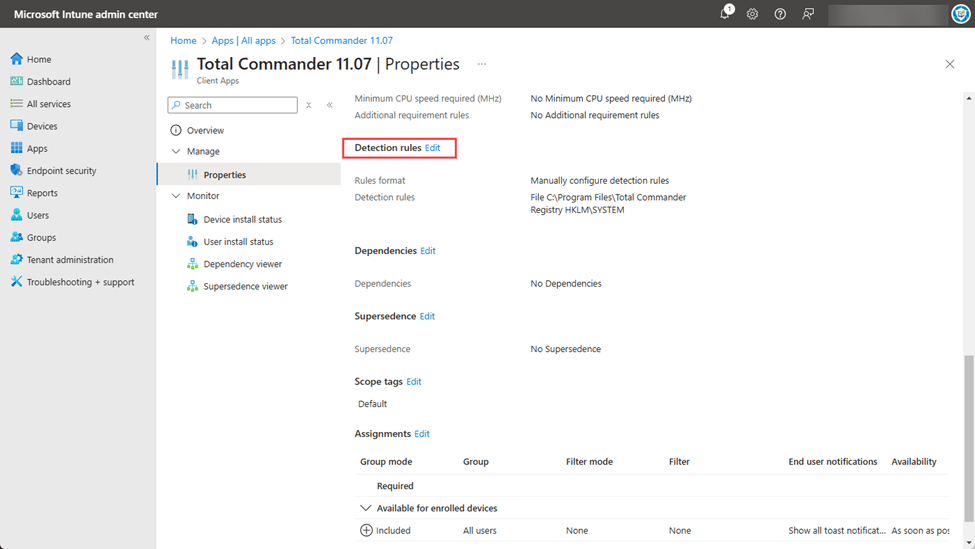 Scrolling down to "Detection rules" and clicking "Edit"
