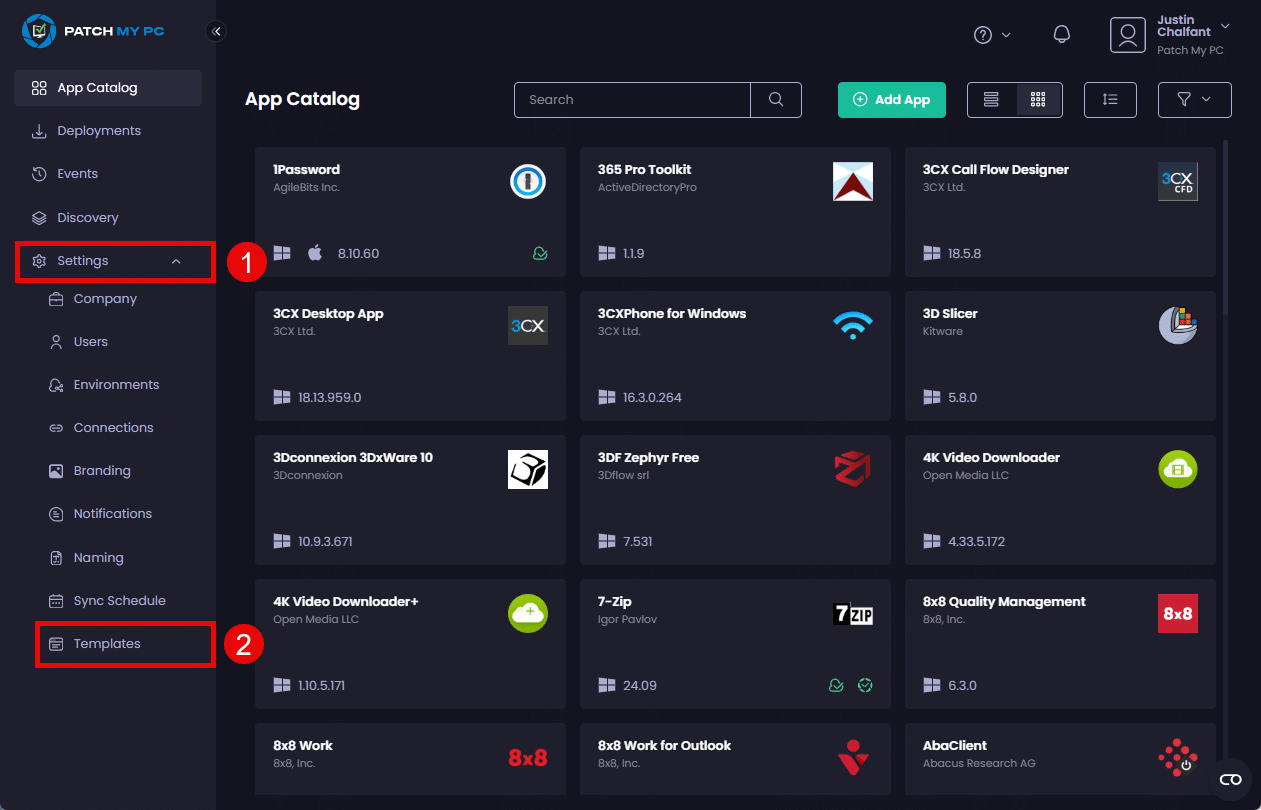 Navigating to "Settings | Templates"