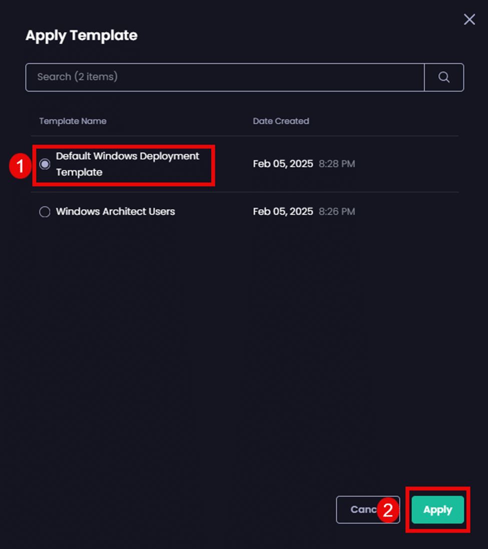 Selecting the radio button beside the template you want to apply and clicking "Apply"