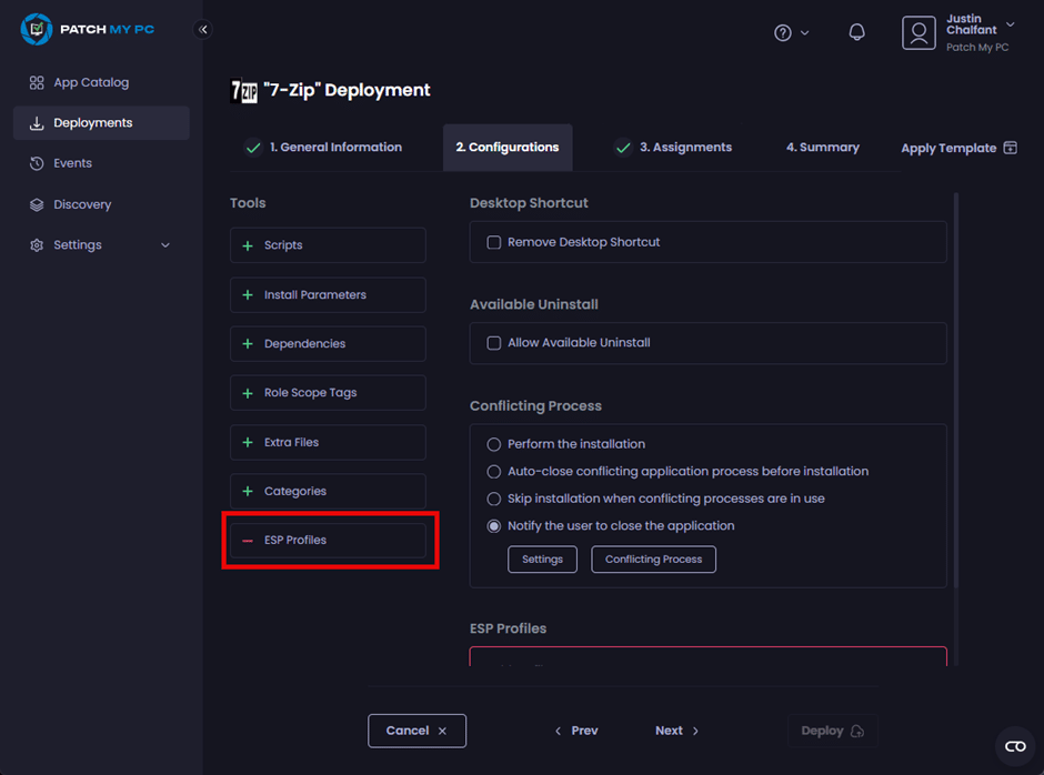 "ESP Profile" tab automatically opened