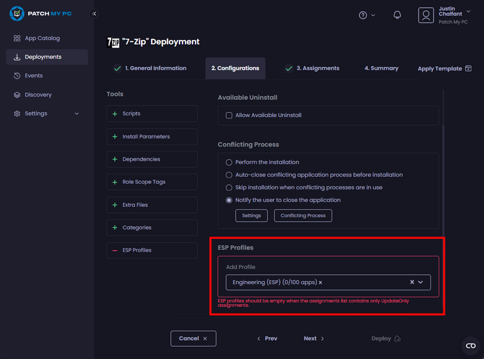 "ESP profiles should be empty when the assignments list contains only UpdateOnly assignments." message