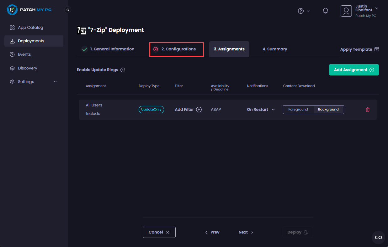 Clicking the "Configurations" page