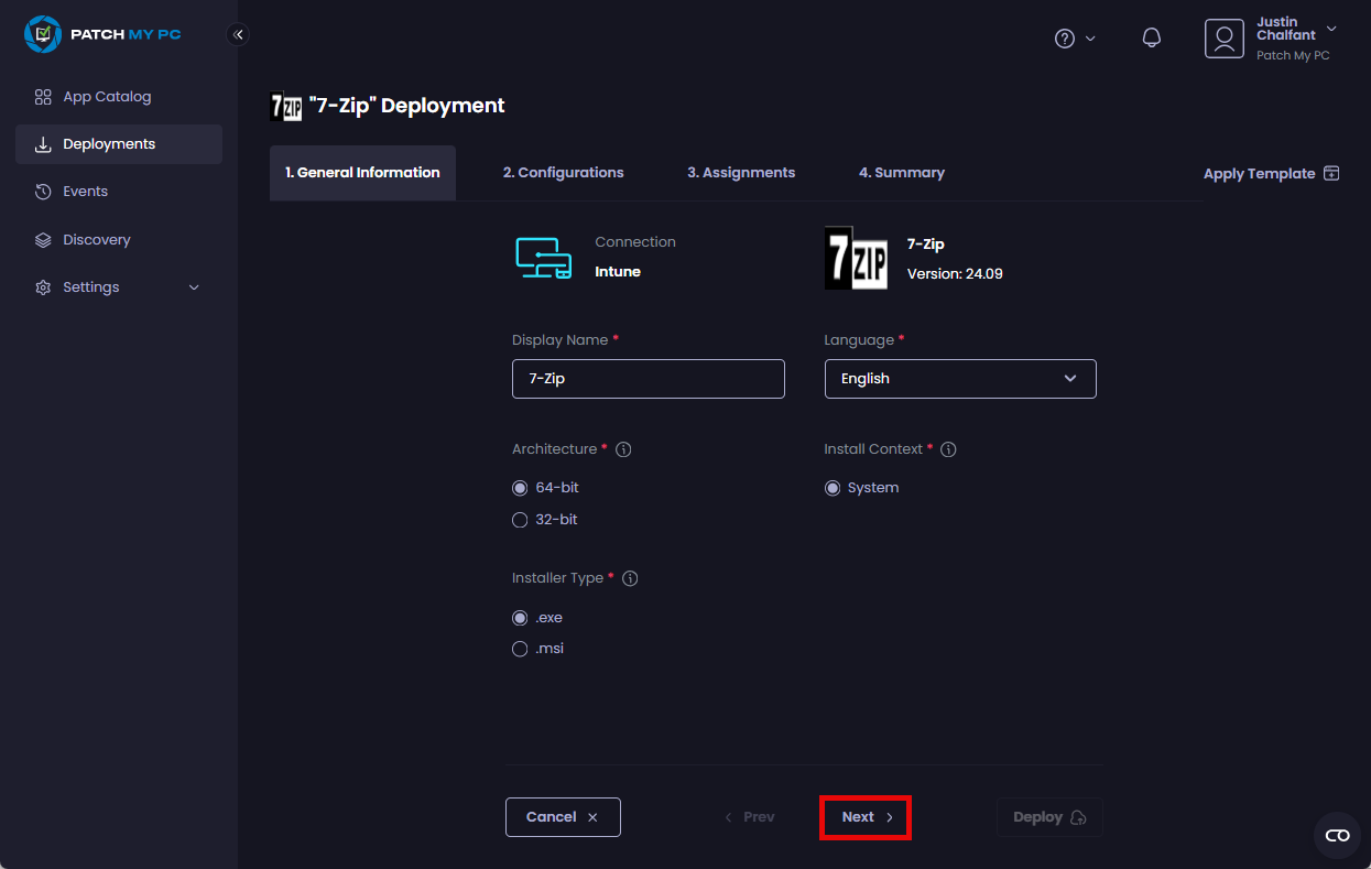 clicking "Next" to move to the "Configurations" page