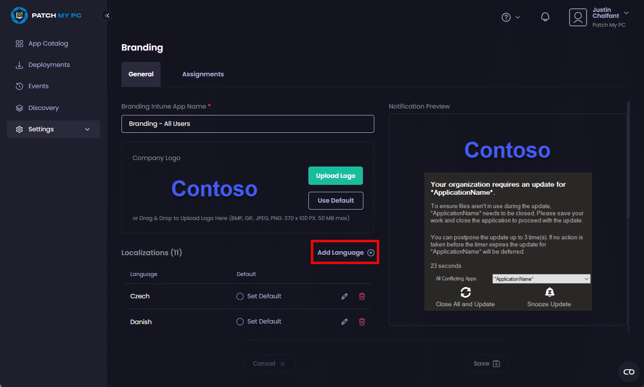 Clicking "Add Language"