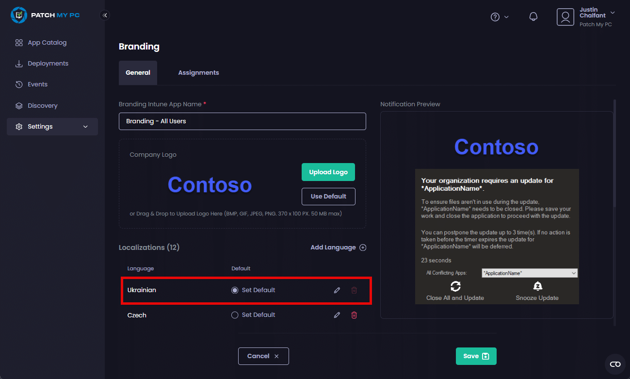 "Branding" screen redisplayed with the newly added localization shown at the top of the list allowing you to select it if required