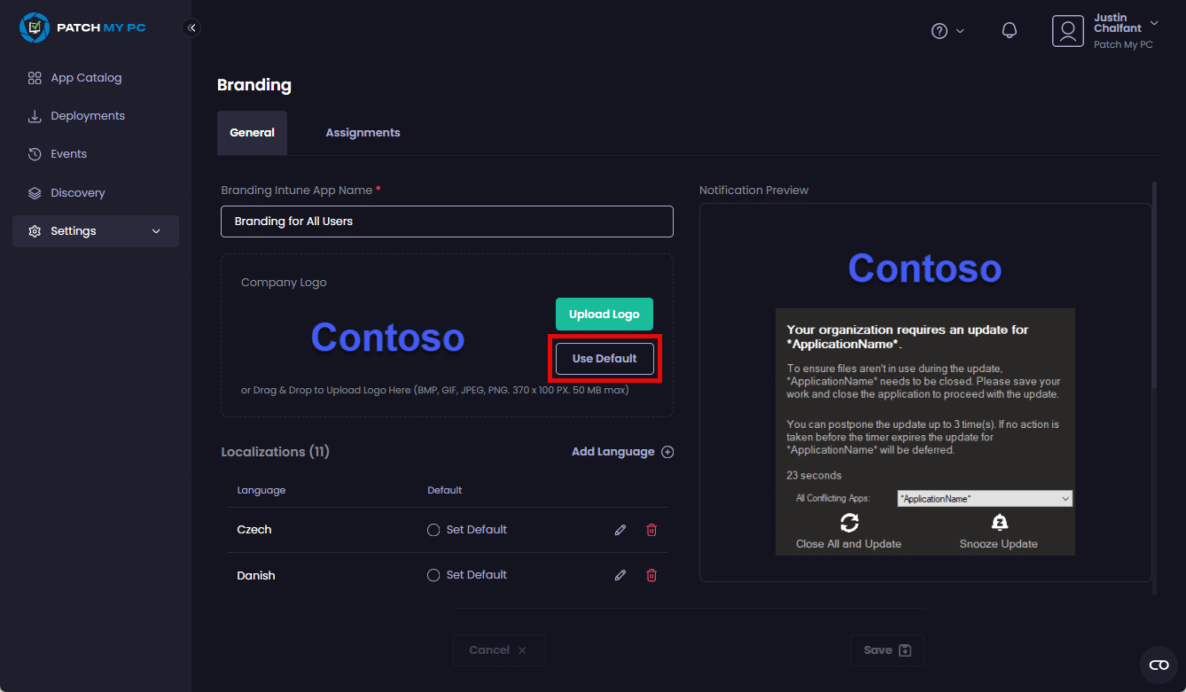 Clicking "Use Default" in the "Company Logo" area