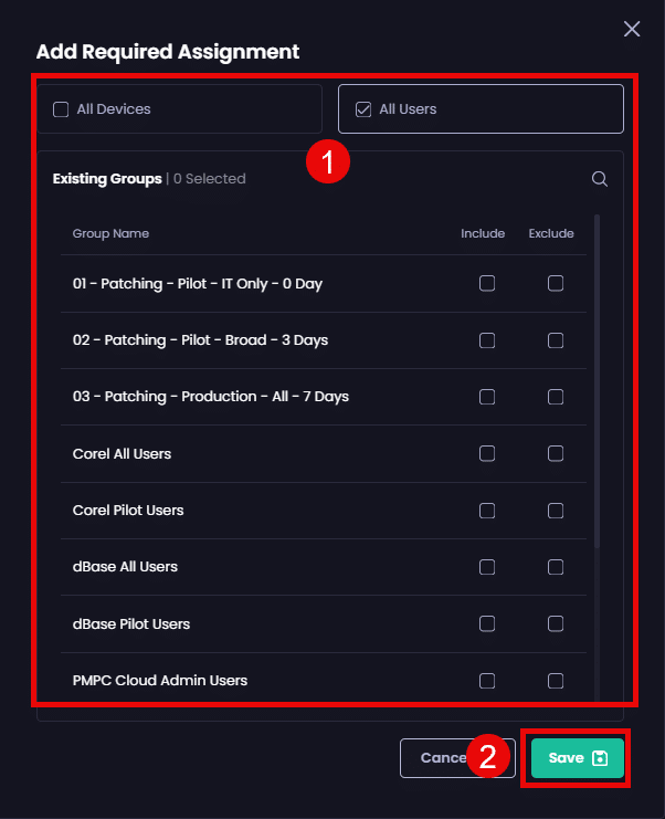 Choosing the relevant Entra ID security groups to target for this branding app on the "Add Required Assignment" screen, then clicking "Save"