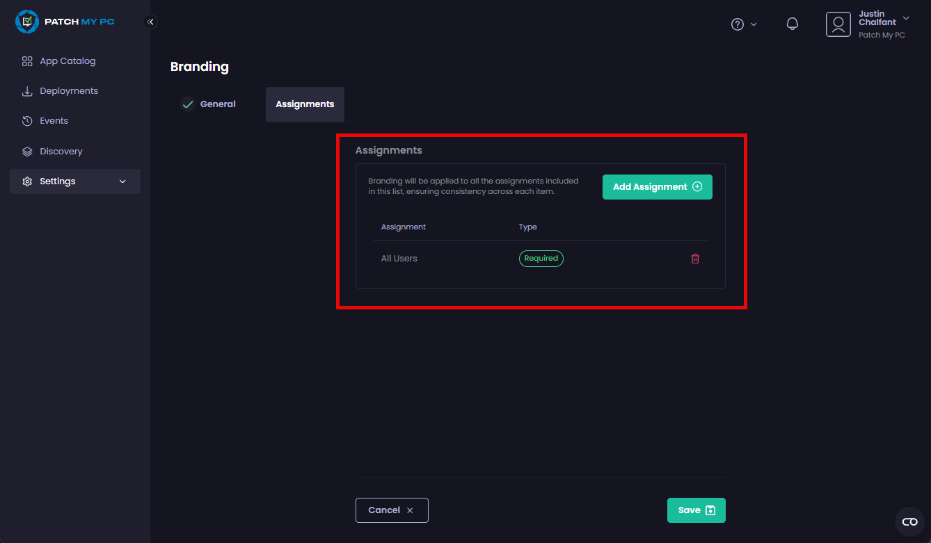 "Assignments" tab showing all of the assignments for this branding app