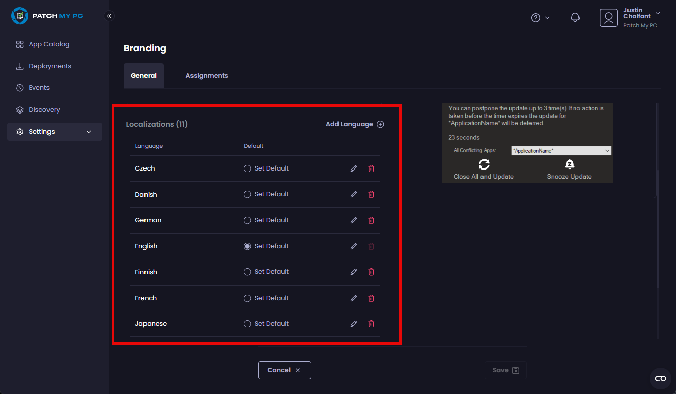 Click the language you want to use in the "Localizations" section