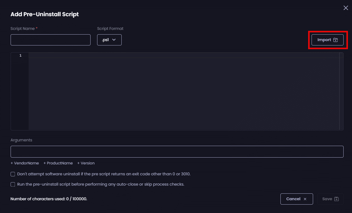 Clicking "Import" to import an existing script