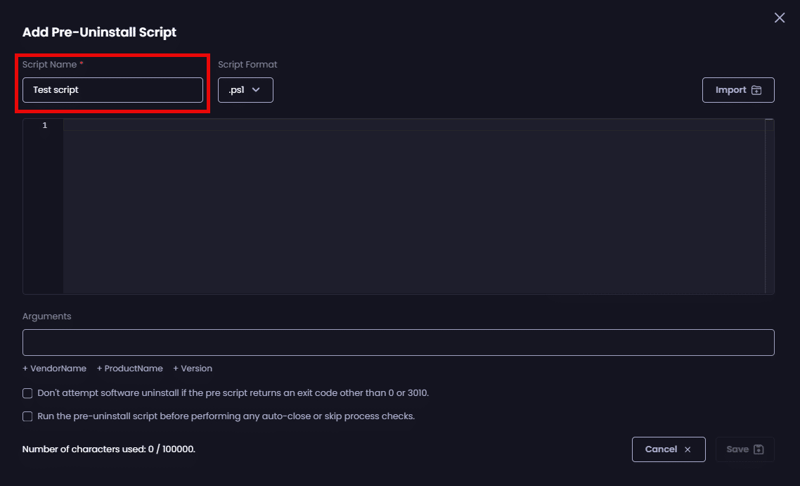 Entering a unique name for the script in the "Script Name" field