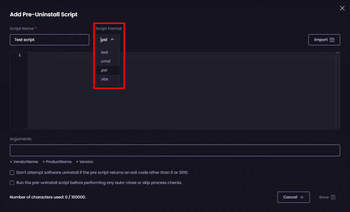 Selecting the type of script from the "Script Format" dropdown.