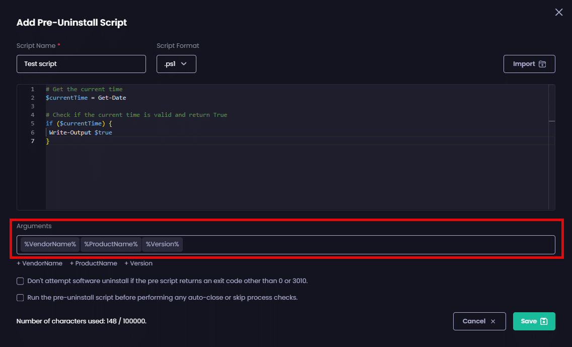 Entering any arguments you want to provide to the script by specifying them in the "Arguments" field
