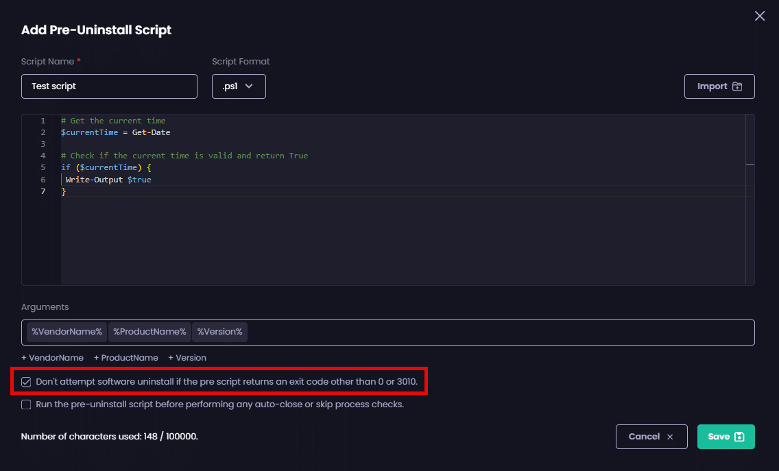 Checking the "Don't attempt software uninstall if the pre script returns an exit code other than 0 or 3010" checkbox