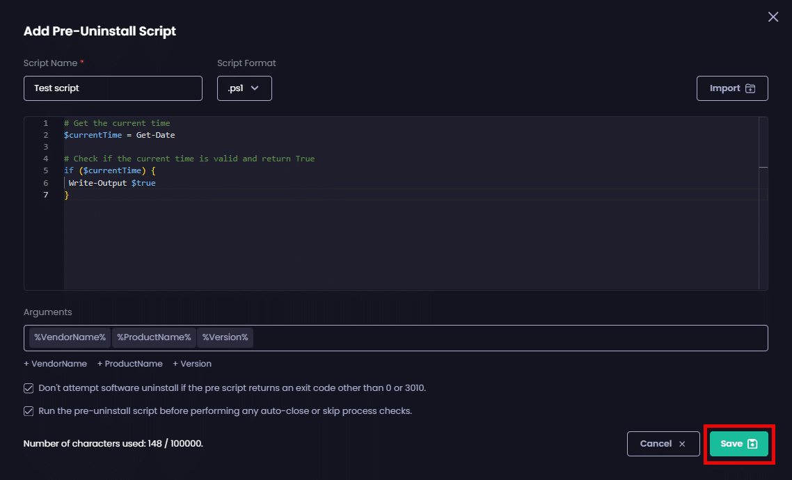 Clicking "Save" to save your script