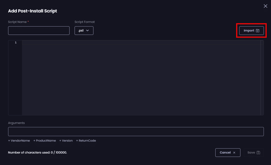Clicking "Import" to import an existing script
