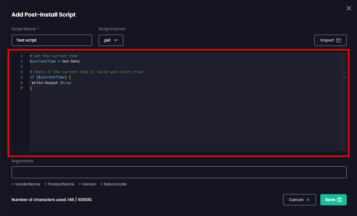 "Add Post-Install Script" page is populated with the imported script.