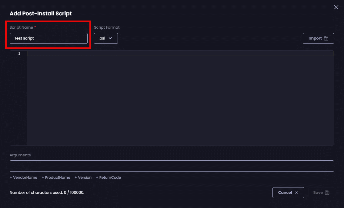 Entering a unique name for the script in the "Script Name" field