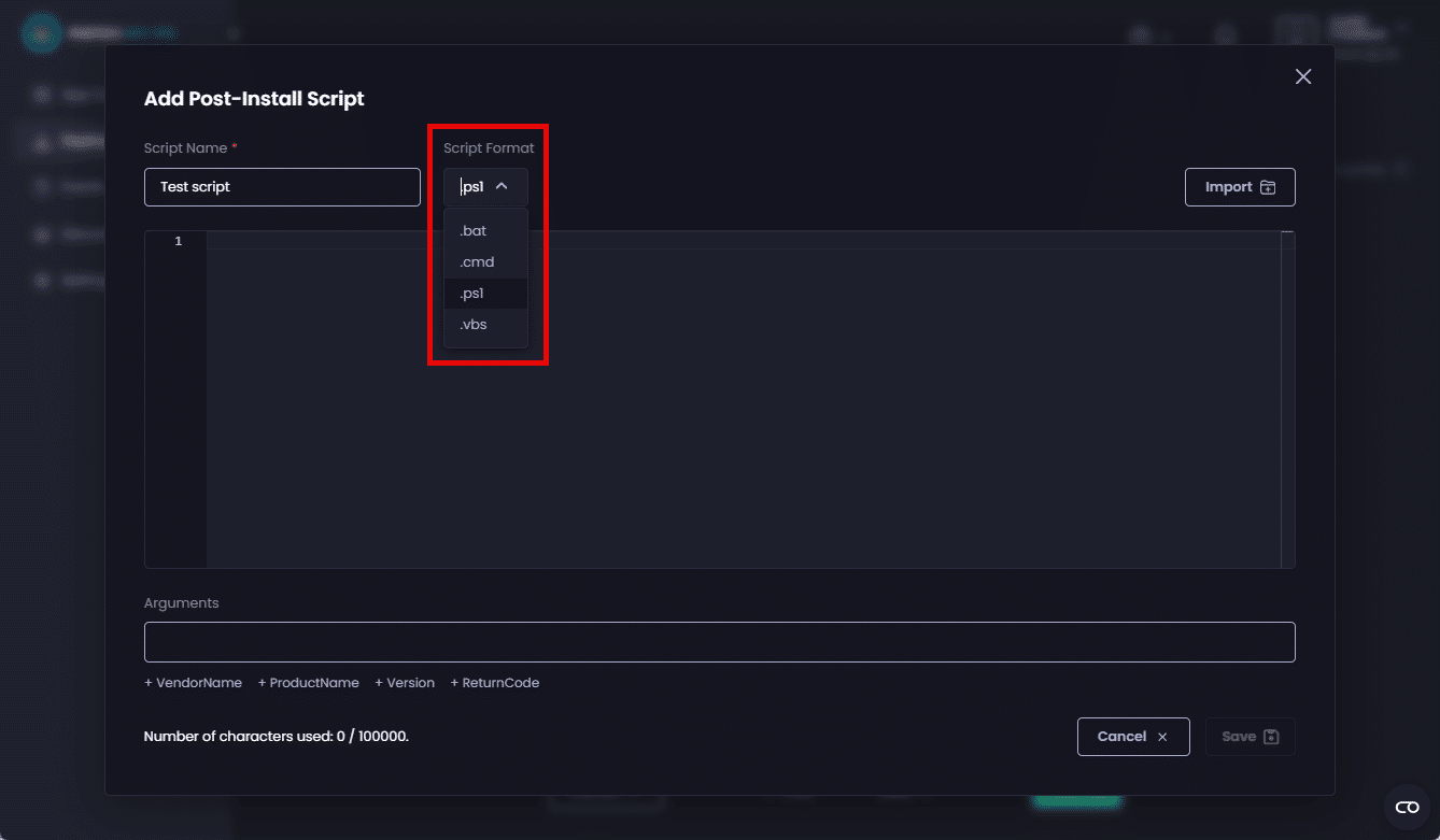 Selecting the type of script from the "Script Format" dropdown.