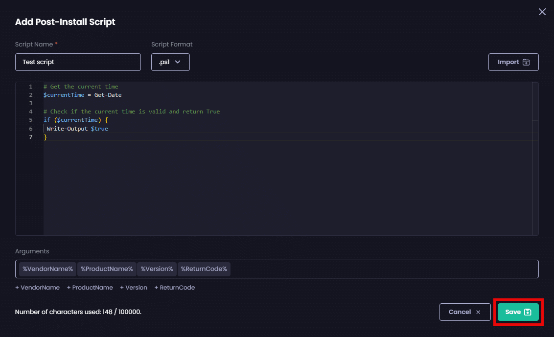 Clicking "Save" to save your script