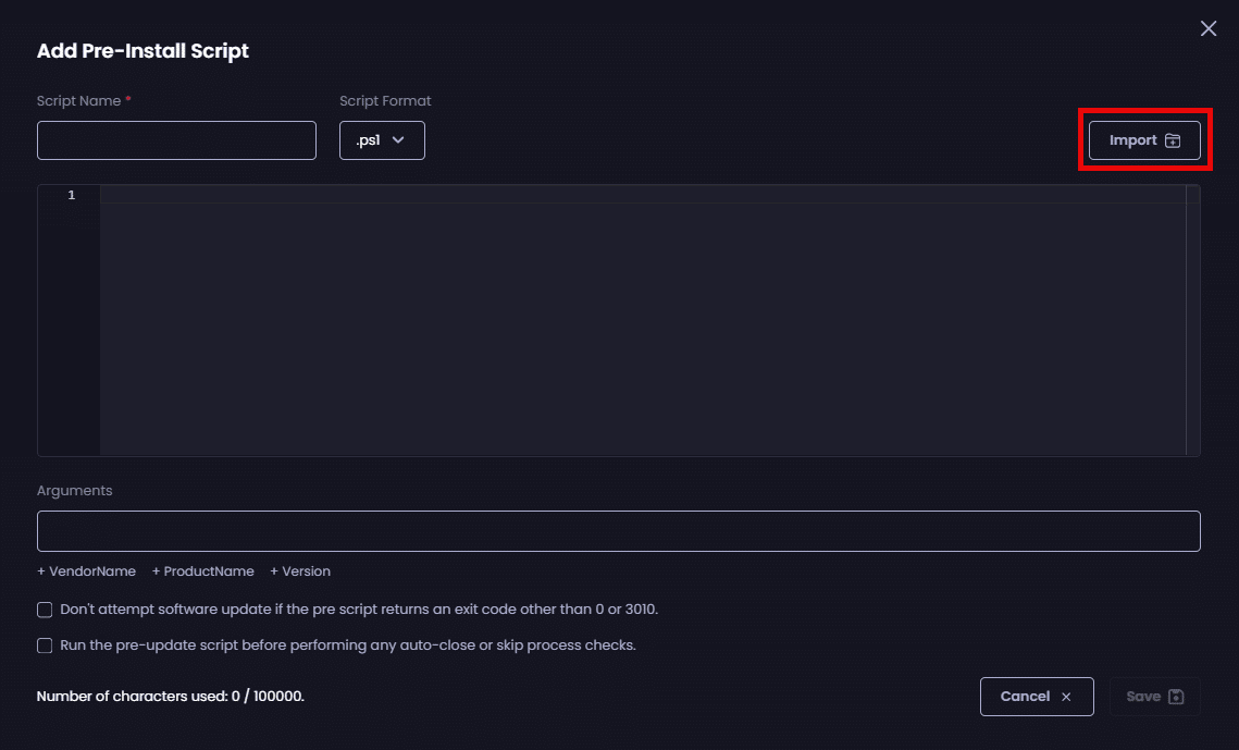 Clicking "Import" to import an existing script