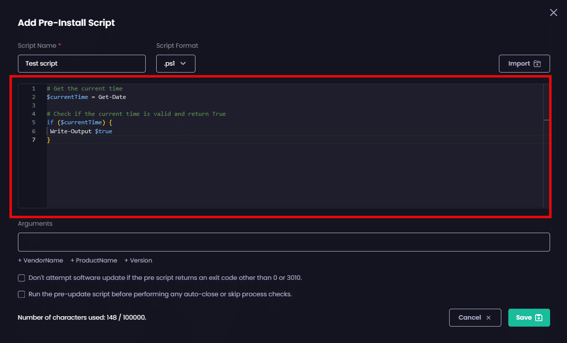 The "Add Pre-Install Script" page is populated with the imported script.