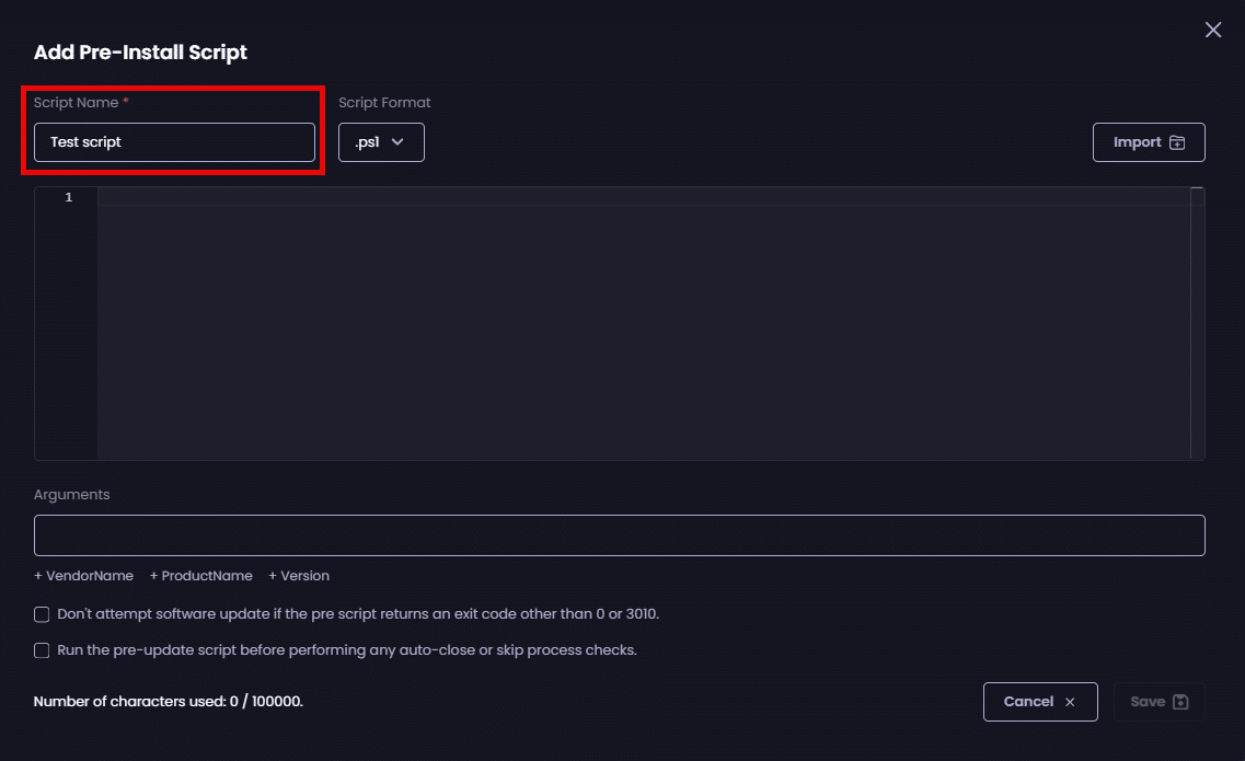 Entering a unique name for the script in the "Script Name" field