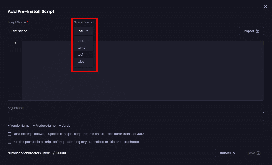 Selecting the type of script from the "Script Format" dropdown.