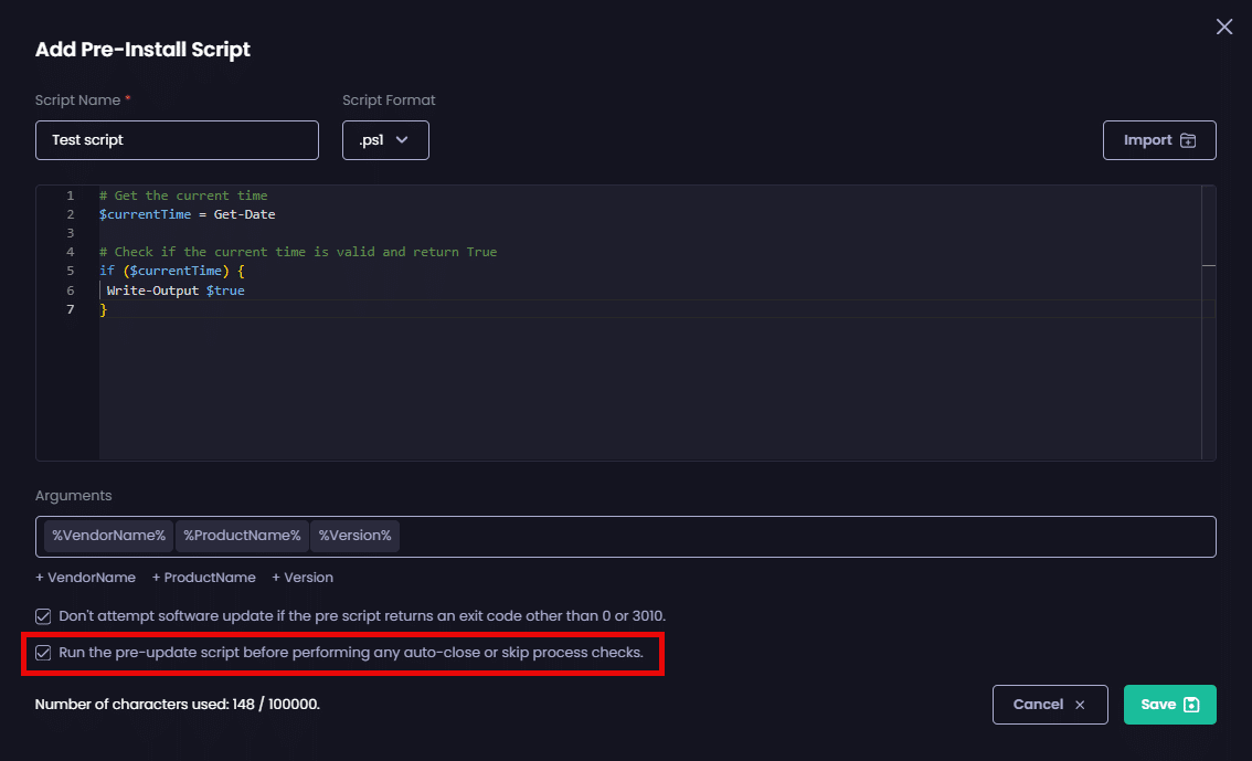 Checking the "Run the pre-update script before performing any auto-close or skip process checks" checkbox